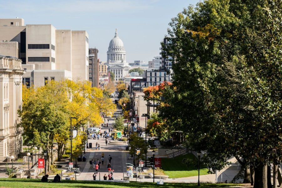 View of campus facing State Street. The Wisconsin capitol building is visible in the far distance.